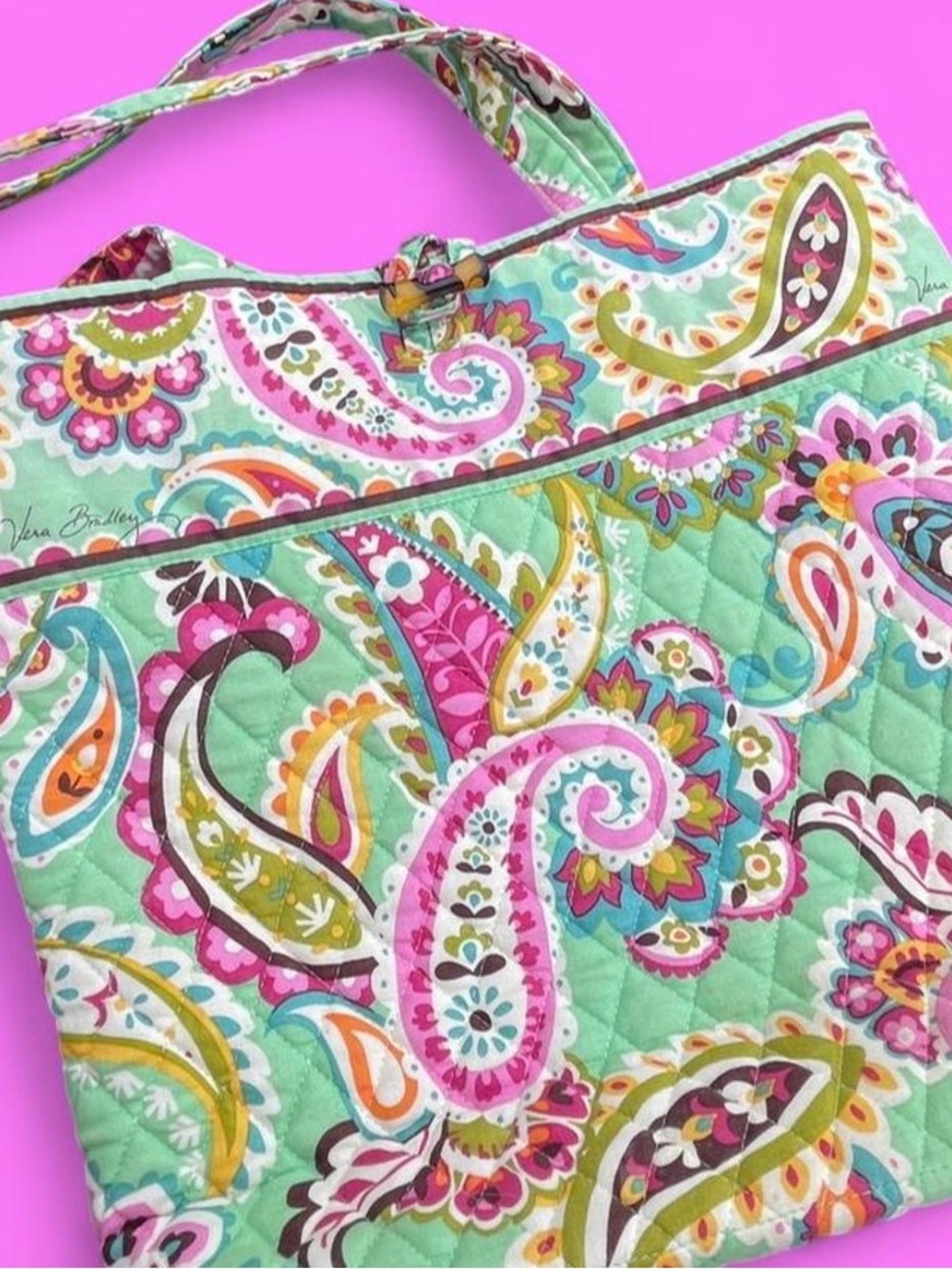 Vera Bradley Tutti Fruitti Quilted Paisley Tote  - Mint & Pink